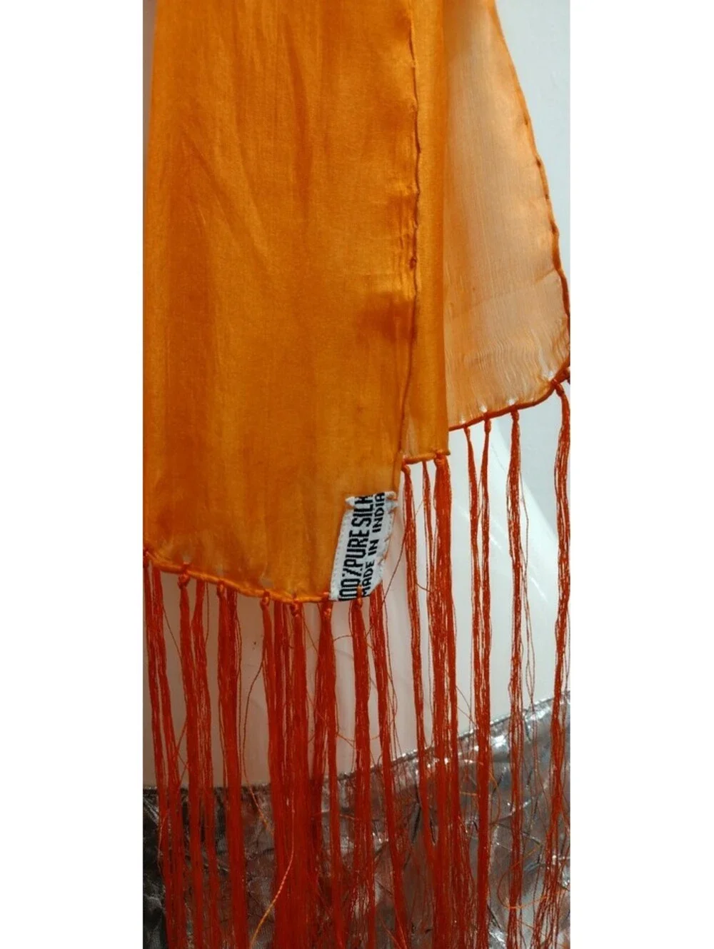Vintage 1970s Silk Scarf Long Fringe Rich Orange Hippie MADE IN INDIA 100% SILK